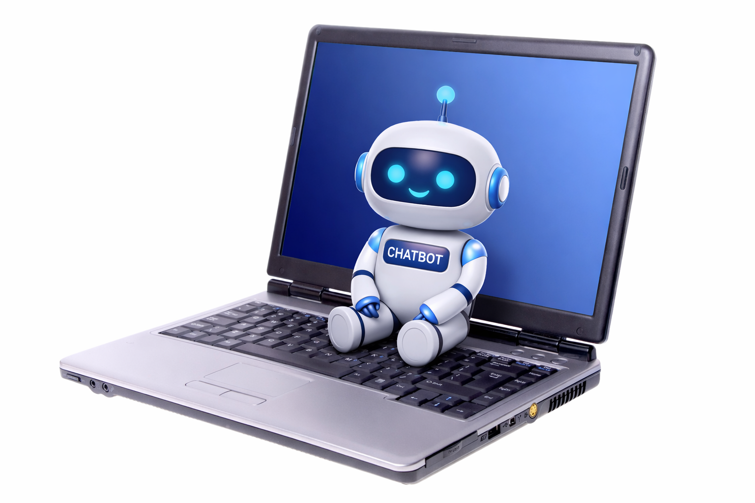 Ein Chatbot in Gestalt eines kleinen Roboters sitzt auf der Tastar eines Laptops und lächelt den potenziellen Nutzer an. Das Bild soll den Titel des Beitrags unterstreichen: Chatbots - die moderne Form des Wissentransfers im Unternehmen. Chatbots – Wissenstransfer im Unternehmen übernimmt die KI.